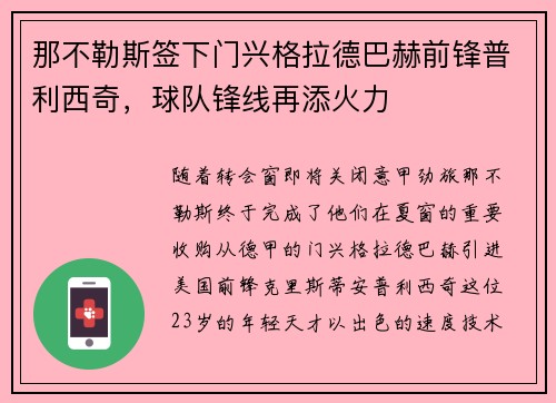 那不勒斯签下门兴格拉德巴赫前锋普利西奇，球队锋线再添火力