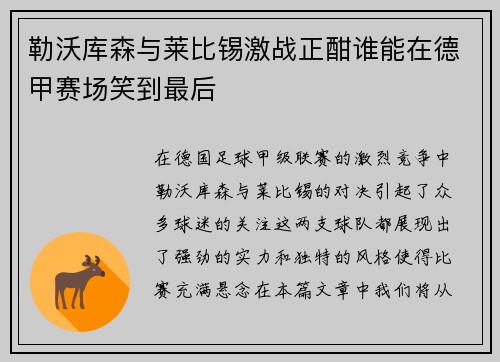 勒沃库森与莱比锡激战正酣谁能在德甲赛场笑到最后