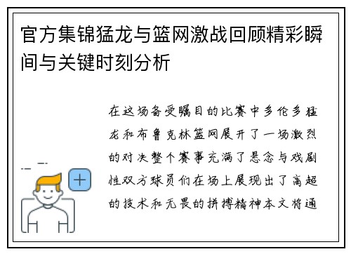 官方集锦猛龙与篮网激战回顾精彩瞬间与关键时刻分析